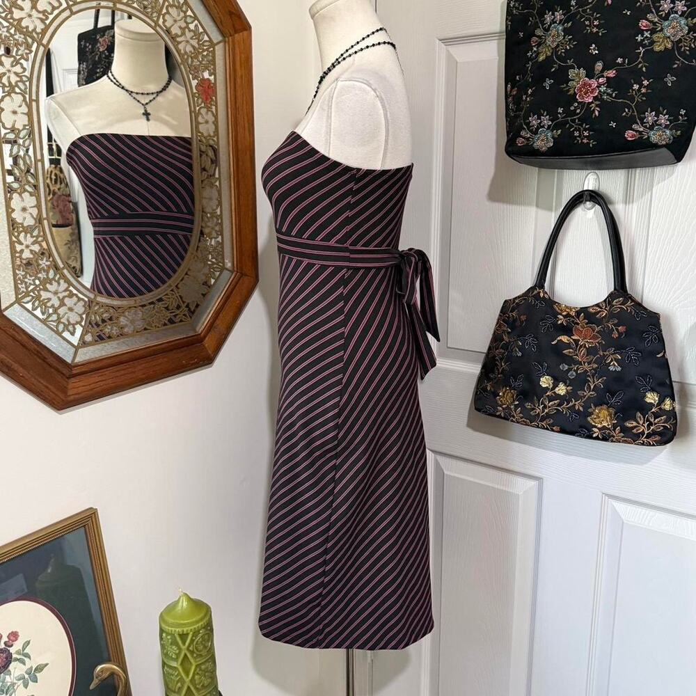 VTG Y2K My Michelle Black & Pink Striped Strapless Bodycon Mini Dress Waist Ties - Picture 3 of 7